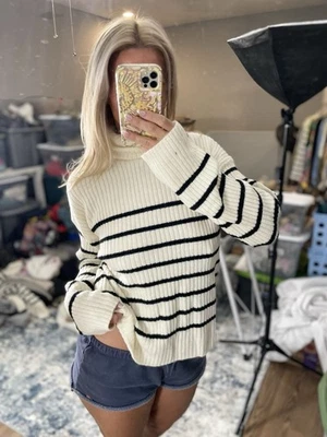 Suéter H&M Gran Tamaño Cuello Alto Natural Blanco Rayas Mujer’s XS Lana De Gran Tamaño Foto 1 de 4