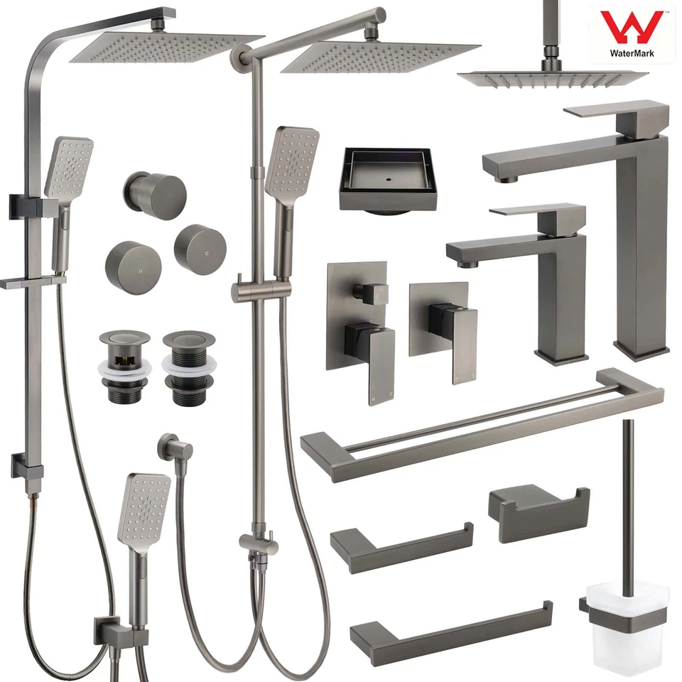 KYLINS Gun Metal Square Shower Head Set Basin Mixer Tap Grate Drain Towel Rail - image 1 of 1