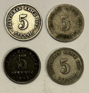 1875, 1893, 1897, & 1915 Germany 5 Pfennig coin collection - Picture 1 of 2