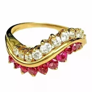 2Ct Round Cut Lab-Created Ruby Diamond Wedding Curve Ring 14k Yellow Gold Plated - Picture 1 of 4