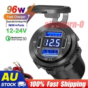 USB Car Charger Dual QC3.0+PD Port With Voltmeter Outlet Socket for 12V Boat RV - Picture 1 of 15