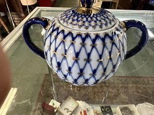 Zuccheriera porcellana reale Lomonosov blu cobalto, ornamento russo vecchio stile - Foto 1 di 6