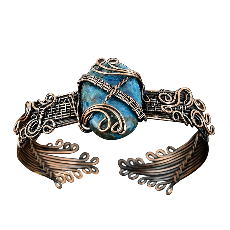 Brazalete Brazalete Cobre Neón Apatita Piedras Preciosas Envoltura Artesanal Boho Esposa Foto 1 de 4