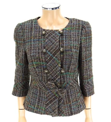 TRINA TURK Boucle Blazer куртка размер 8 коричневый зеленый металлический бант укороченный пальто - Изображение 1 из 4