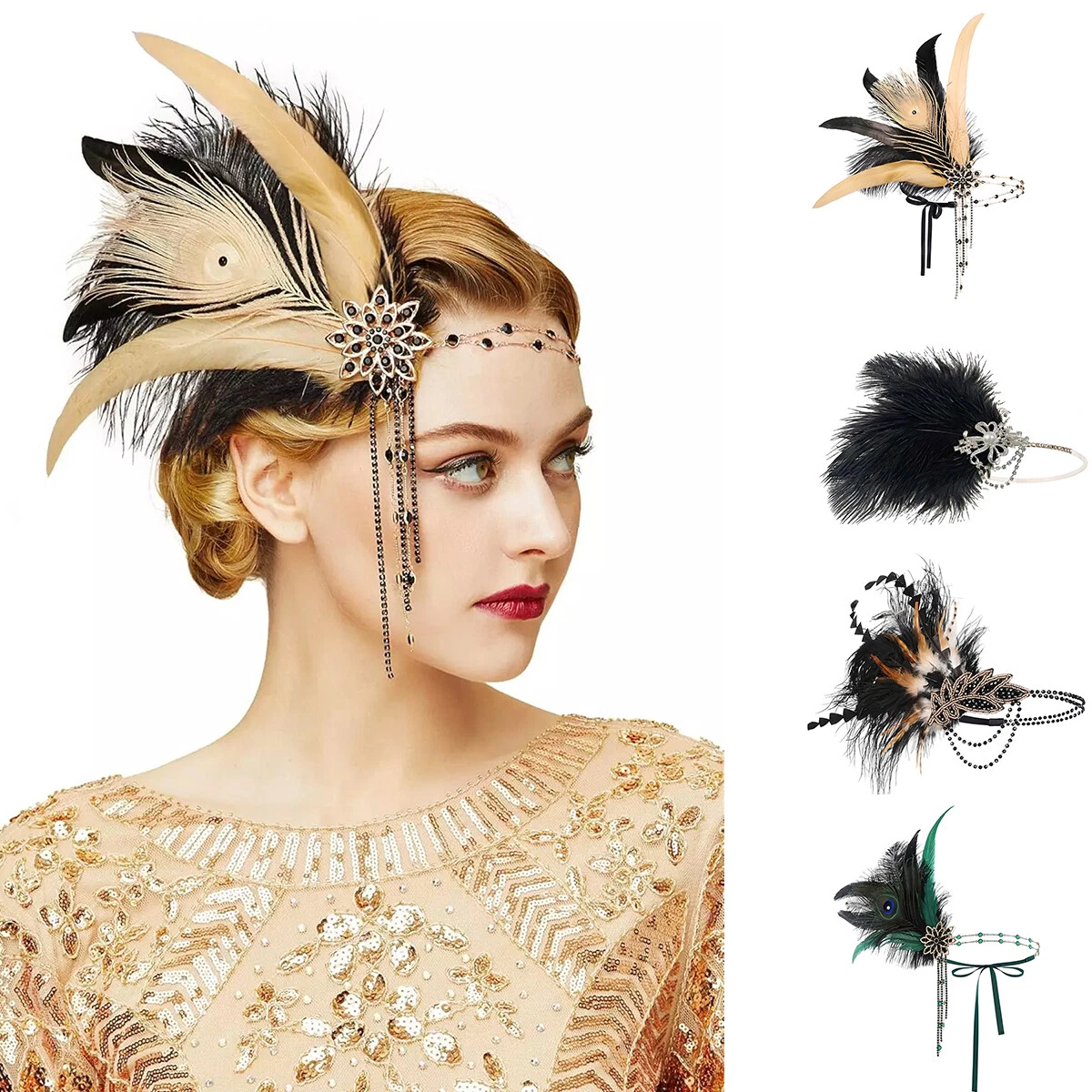 NET TOYS 20er Jahre Kopfschmuck Charleston Haarband Mit Feder In Gold - Gatsby Flapper Haarschmuck Für Mottoparties, Karneval & Silvester