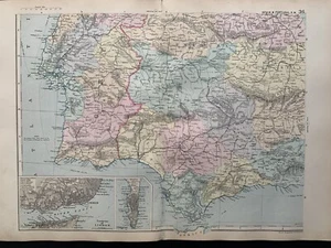 1891 South Portugal & Spain Insets Of Lisbon & Portugal Map by G.W. Bacon - Picture 1 of 3