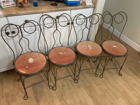 set of 4 antique redone ice cream bistro wrought iron chairs twisted wire look Cover
