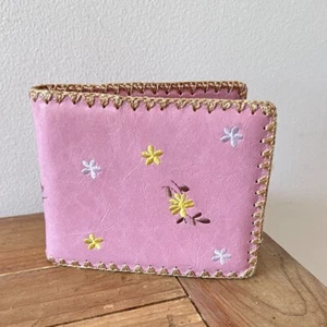 Pink Leather Wallet Floral Embroidered Card Holder Womens Pretty Boho Hippy - Picture 1 of 24