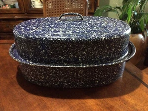 Large Blue Speckled Enamel/Enamelware Roaster High Domed Lid! - Picture 1 of 18