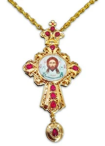 Icono Mandilión Rostro Santo Bizantino Griego Ortodoxo Diamantes Rojos Cruz Pectoral - Imagen 1 de 2