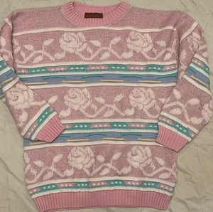 Vintage Worthington 80s Sweater Pink & Multicolor Roses - Picture 1 of 5