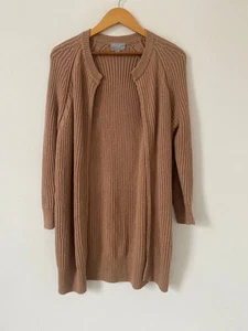Pure Collection Cardigan 8 Tan Chunky Brown Knit Long Line Pockets Wool Cotton - Picture 1 of 9