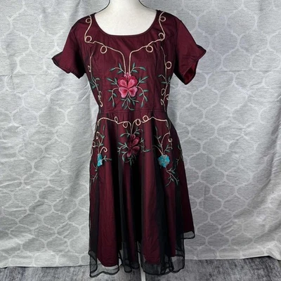 eShakti Dark Red Dress w/ Flroal Embroidery and Sheer Black Overlay Wool Blend - Image 1 of 4