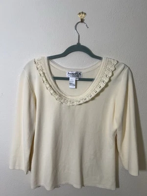 Women’s Joseph A. XL Pullover Sweater Yellow Embroidered Beaded Collar Cottage Foto 1 de 4