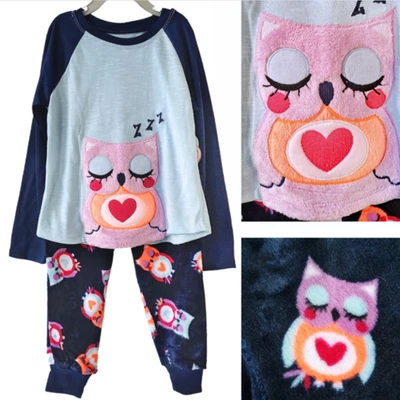 Conjunto de pijama BÚHO pantalones difusos para niñas nuevo con etiquetas talla XS 4-5 corazón bordado largo polar Foto 1 de 4