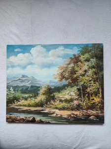 Vtg B.Thompson Oil Painting Mountain Trees Water 10"×8" - Picture 1 of 9