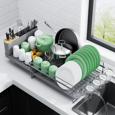 Extendable Dish Drying Rack, Large Drying Dish Rack with Cutlery & Cup Holders - Image 1 of 4