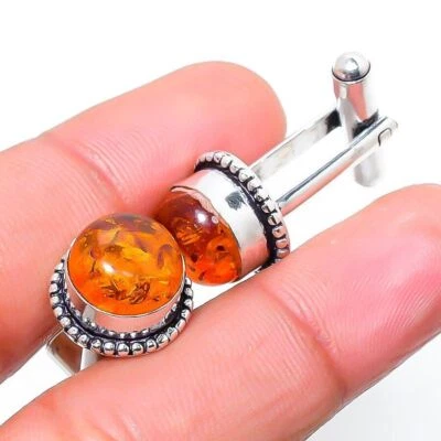 Gemelli etnici fatti a mano in argento 925 con pietra preziosa ambra baltica. - Immagine 1 di 3