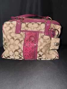 Coach F24884 Signature Stripe Python Snake Zip Satchel Khaki/Raspberry GUC - Picture 1 of 10