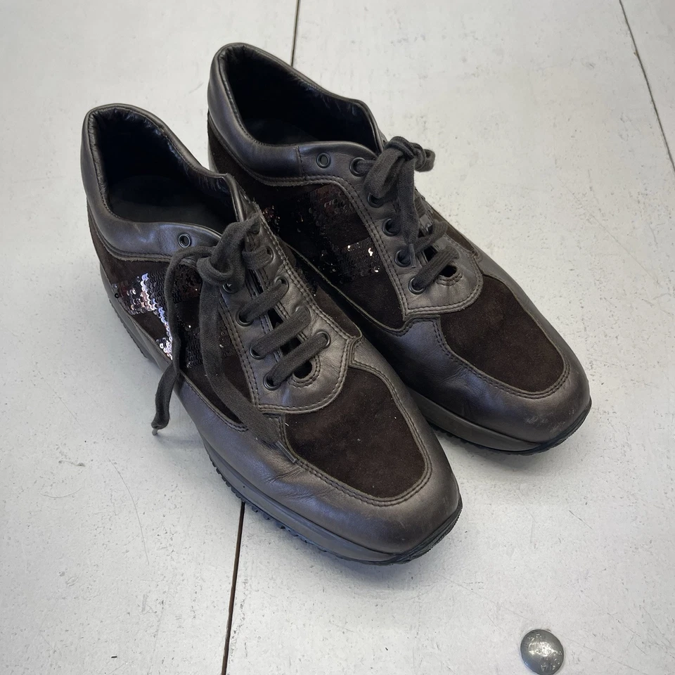 Hogan Interactive 棕色麂皮绒亮片厚底运动鞋女式 40 码 US 10 — 第 1/4 张图片