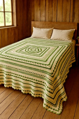 NUEVO CON ETIQUETAS Manta de Ganchillo Hecha a Mano Talla King 100X100 Verde Blanco Afgano Boho Cama de Granja Foto 1 de 4