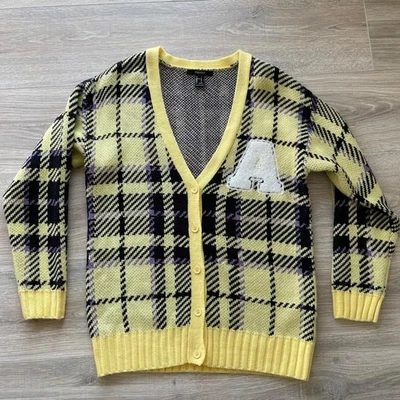 Cárdigan a Cuadros Amarillo Mantequilla Negro y Púrpura con Chenille A Preppy Academia Punk  Foto 1 de 4