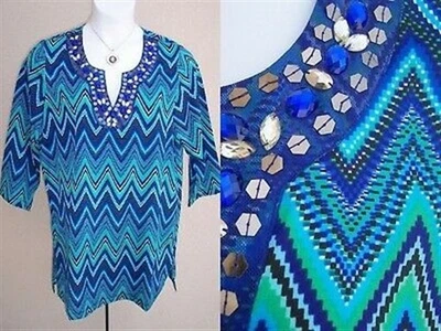 Travelsmith NUEVO sedoso túnica top camisa talla L cuello en v verde azul lentejuelas blusa Foto 1 de 4
