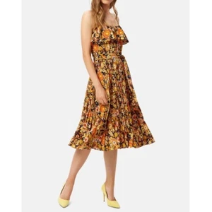 Traffic People Size L Retro Floral Grace Midi Dress Pleated Flounce Coastal Tea - Picture 1 of 13