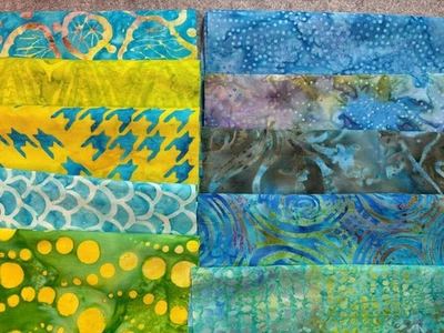 Lote de 10 restos de tela de algodón batik octavos gruesos 9" x 21" azul turquesa lima Foto 1 de 3