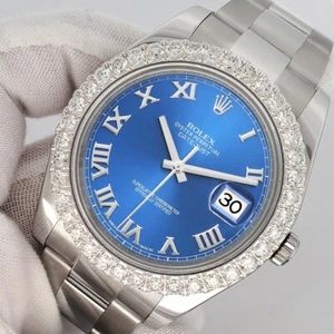 Rolex Datejust II 41mm 3.8ct Diamond Bezel/Blue Roman Watch 116300 Box Papers - Picture 1 of 10