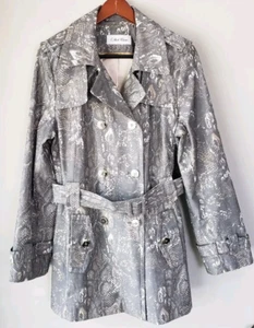 Women's Calvin Klein Trench Coat Large Belted Snakeskin Gray Buttons - Picture 1 of 14
