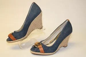 Michael Kors Espadrille Peep Toe Pumps Womens Size 5 M High Heeled Denim Shoes - Picture 1 of 24
