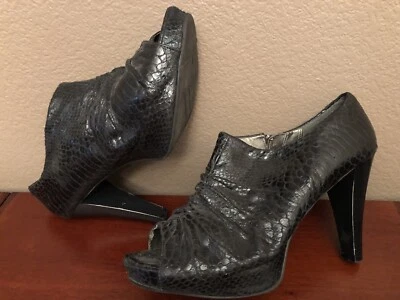 Worthington High Heeled Platform Shiny Black Snakeskin Peep Toe Shooties 8 - Image 1 of 4