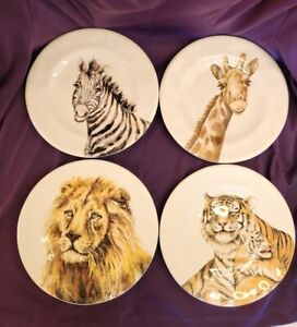 Pier 1 Imports SAFARI Dessert Salad Plates 9" Set Of 4 -Lion Tiger Giraffe Zebra
