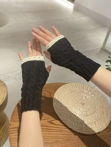 Women Cable Knit Fingerless Gloves I Women Black Cable Knit Fingerless Gloves - Picture 1 of 3