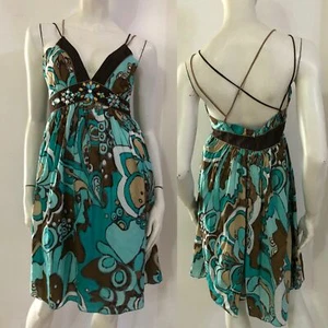 DERHY Blue & Brown Fancy Beaded Dress Size S Cotton - NEW - Picture 1 of 12