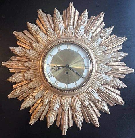 Vtg MCM Welby 8 Day Gold Starburst Wall Clock 60s Atomic w KEY Working 20" Cover
