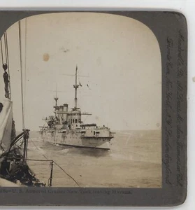 Ship US Armored Cruiser *New York* Leaving Havana Cuba HC White Stereoview 1898 - Picture 1 of 4