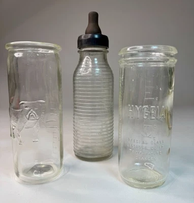 Lote de 3 biberones vintage de vidrio Hygeia 1 cigüeña en relieve de 8 oz MCM de la década de 1960 Foto 1 de 4