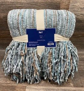 Pier 1 Imports Chenille Throw Blanket w Fringe 50" x 60" Striped Blue Aqua NWT - Picture 1 of 3