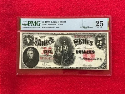 Nota de licitación legal de $5 serie FR-91 1907 "Woodchopper" *PMG 25 VF PCBLIC error* Foto 1 de 3