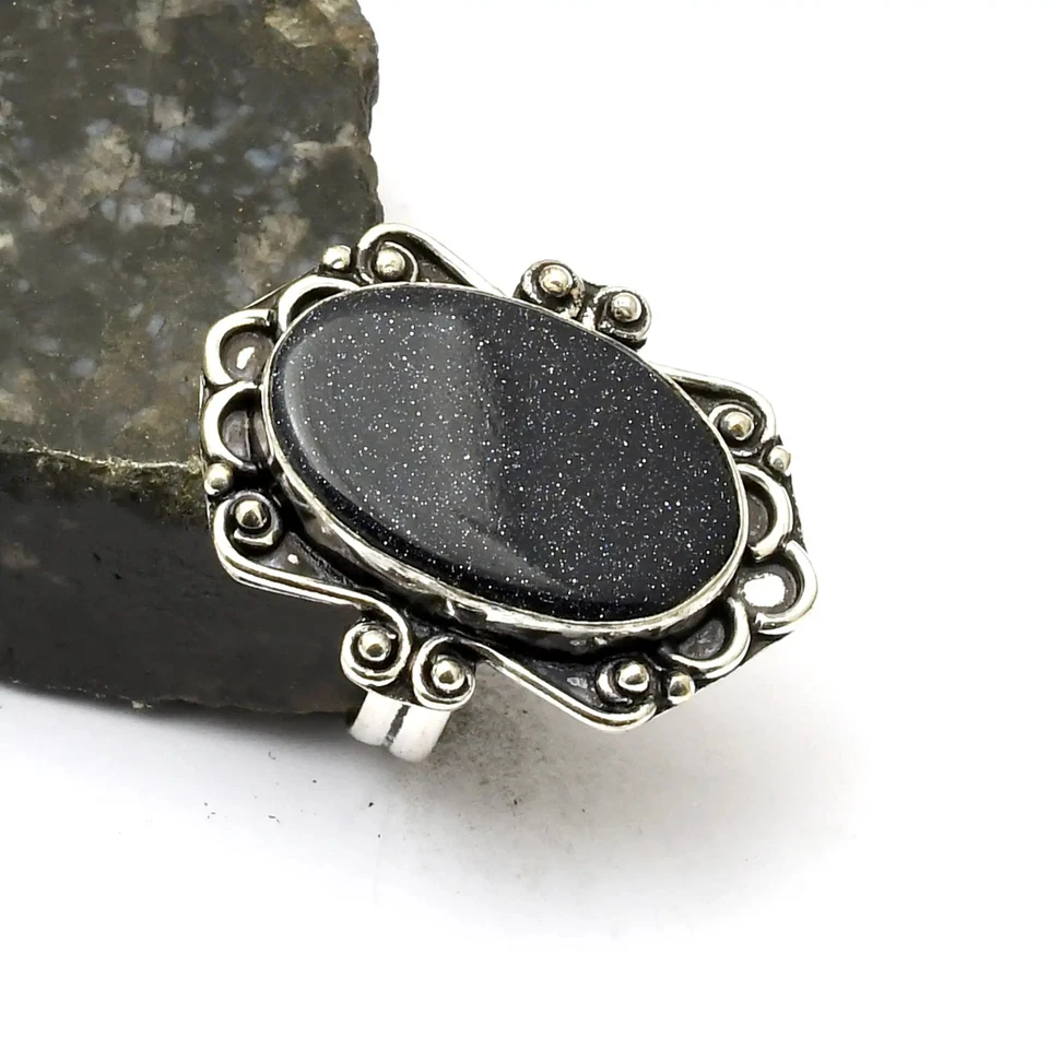 Blue Sunstone Gemstone Ethnic Handmade Ring Jewelry Gift US Size-6.75 AR 33732 - Image 1 of 1