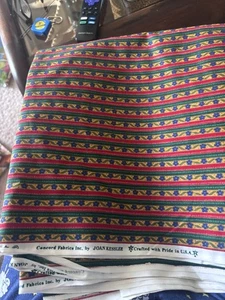 5 Yds Vtg Floral Fabric Calico Stripe Joan Kessler Red Green Gold - Picture 1 of 1