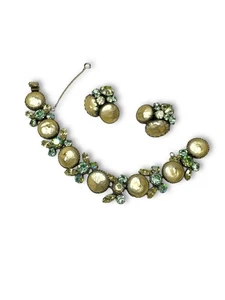 Regency Silver Tone Faux Pearl Green Yellow Crystal Earrings Bracelet Set - Picture 1 of 18