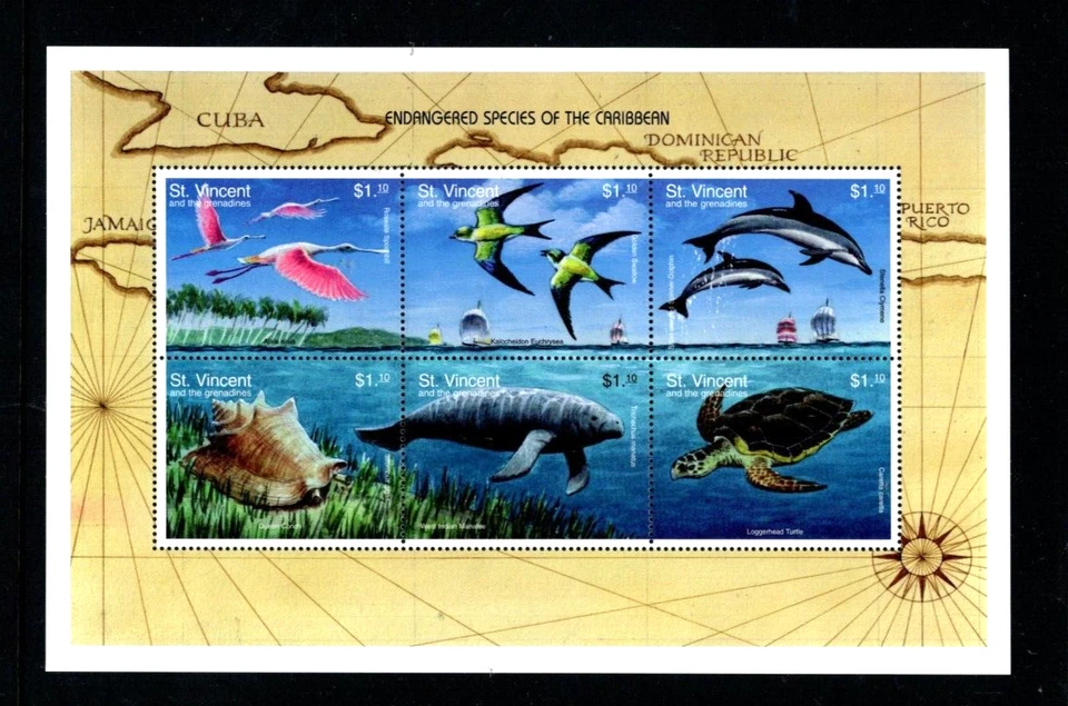 San Vicente 2548 MNH Hoja 6 Vida Marina Aves Marinas Caparazón Tortuga Delfín Manatí Foto 1 de 1