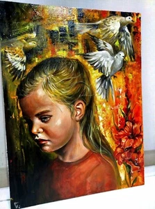 Original acrylic painting, Ukrainian Girl Birds, War in Ukraine, Symbolic Art - Picture 1 of 11
