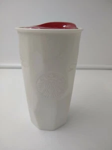 Starbucks Faceted Ceramic Travel Tumbler Coffee Mug Cup 10oz White Siren Red Lid - Picture 1 of 6