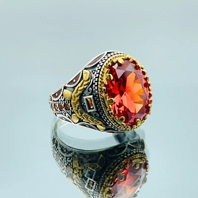 Anel masculino simulado de pedra rubi prata esterlina 925 turco feito à mão presenteá-lo legal - Imagem 1 de 4