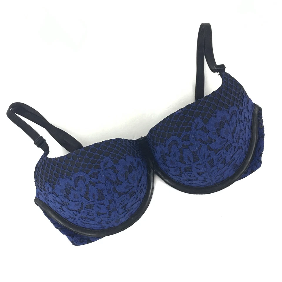 Y2K Victoria's Secret Very Sexy Balconet Push-Up Bra Black Blue Lace 32D - Image 1 of 4