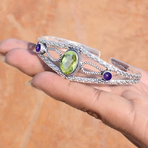 Faceted Peridot & Amethyst Gemstone 925 Sterling Silver Cuff Affordable Bangle - Picture 1 of 7
